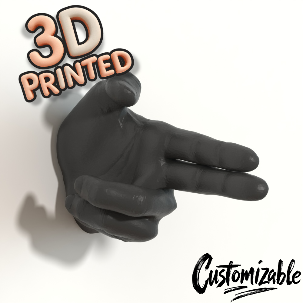 Male Hand Hook, Pistol Fingers, Choose Your Color, 3D Printed, Wall Mounted, Floating Effect
